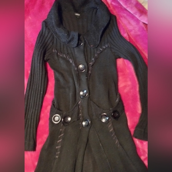 Fantazia Womens Cardigan Sweater WOOL Duster POCKETS Buttons Black Large LY - Picture 2 of 3